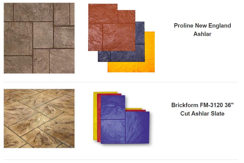 Two sets of stamped concrete samples: Proline New England Ashlar and Brickform Cut Ashlar Slate in various colors.