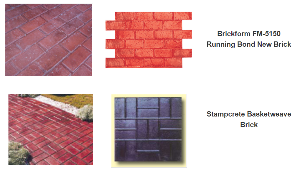 Four examples of stamped concrete brick patterns: two red, two darker, with brand names.