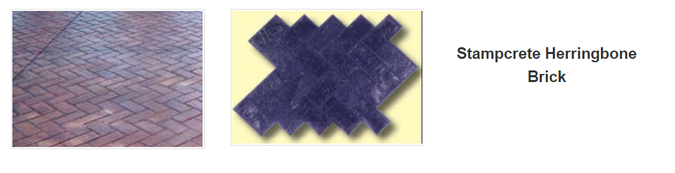 Stampcrete herringbone brick with close-up of brick pattern and abstract blue brick shape.