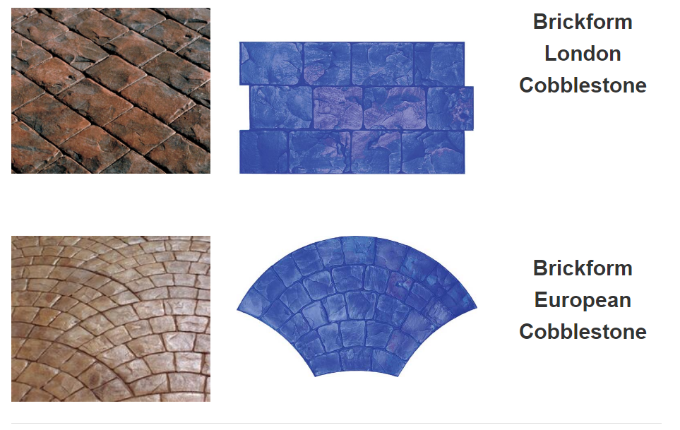 Two concrete patterns: London Cobblestone (rectangle) and European Cobblestone (fan-shaped), each in color and stamp form.