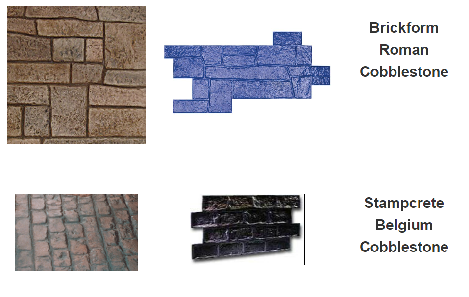 Examples of concrete stamping: Brickform Roman Cobblestone, Stampcrete Belgium Cobblestone.