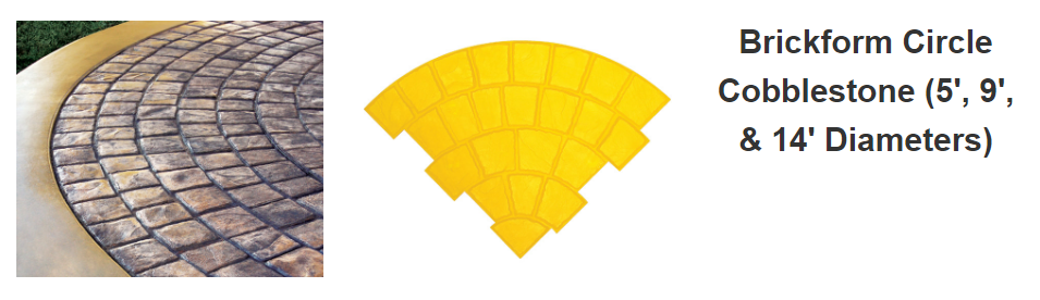Brickform circle cobblestone patio design in 5', 9', and 14' diameters.