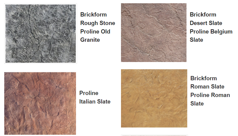 Samples of textured concrete finishes: Rough Stone (gray), Desert Slate (brown), Italian Slate (red), Roman Slate (yellow).