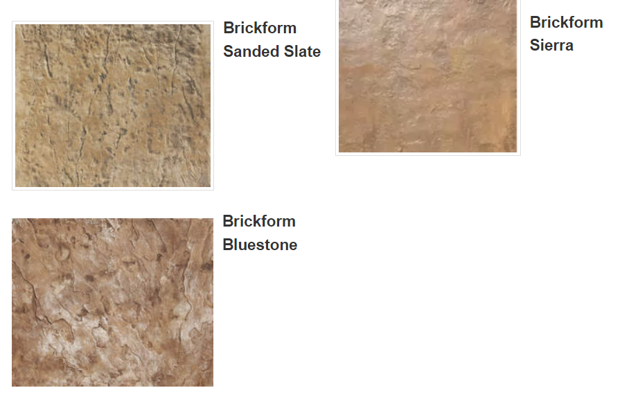 Three square brick samples: Sanded Slate (tan), Sierra (brown), and Bluestone (red-brown).