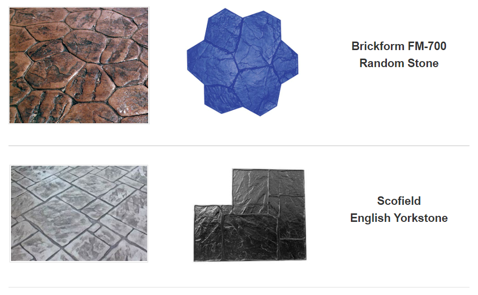 Four concrete stamp patterns: Random Stone (brown), English Yorkstone (gray and black).