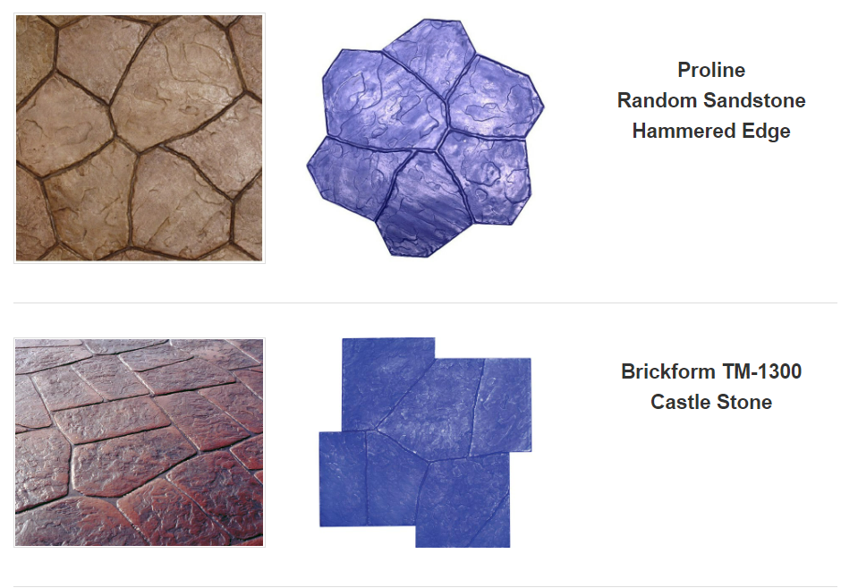 Examples of stamped concrete: Random sandstone with hammered edge, and Castle Stone.