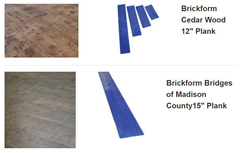 Top: Example of brown Cedar Wood plank concrete and blue forms. Bottom: Example of gray Bridges of Madison County plank concrete and blue form.