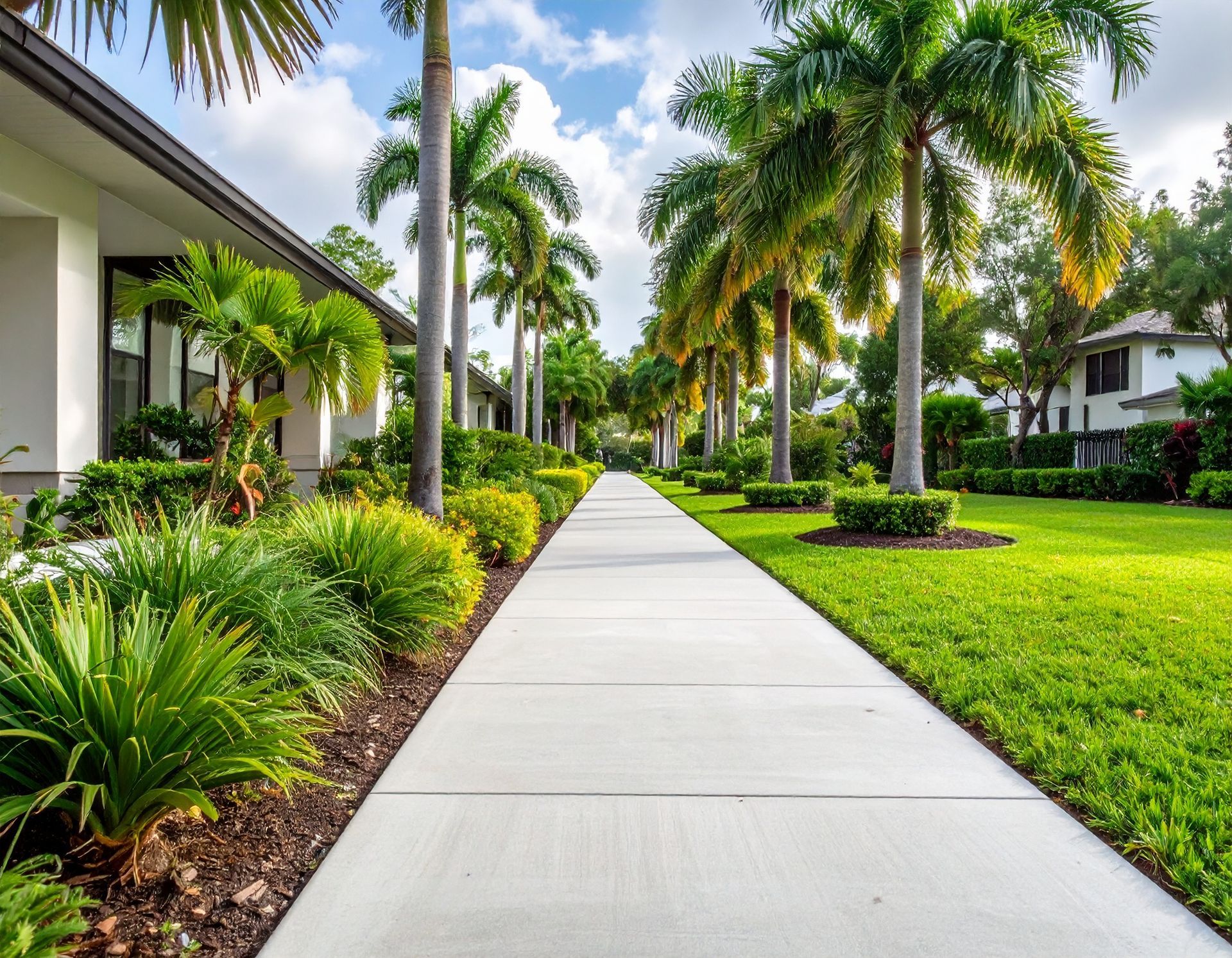 Straight concrete sidewalk through a palm-lined neighborhood streetscape in The Villages.