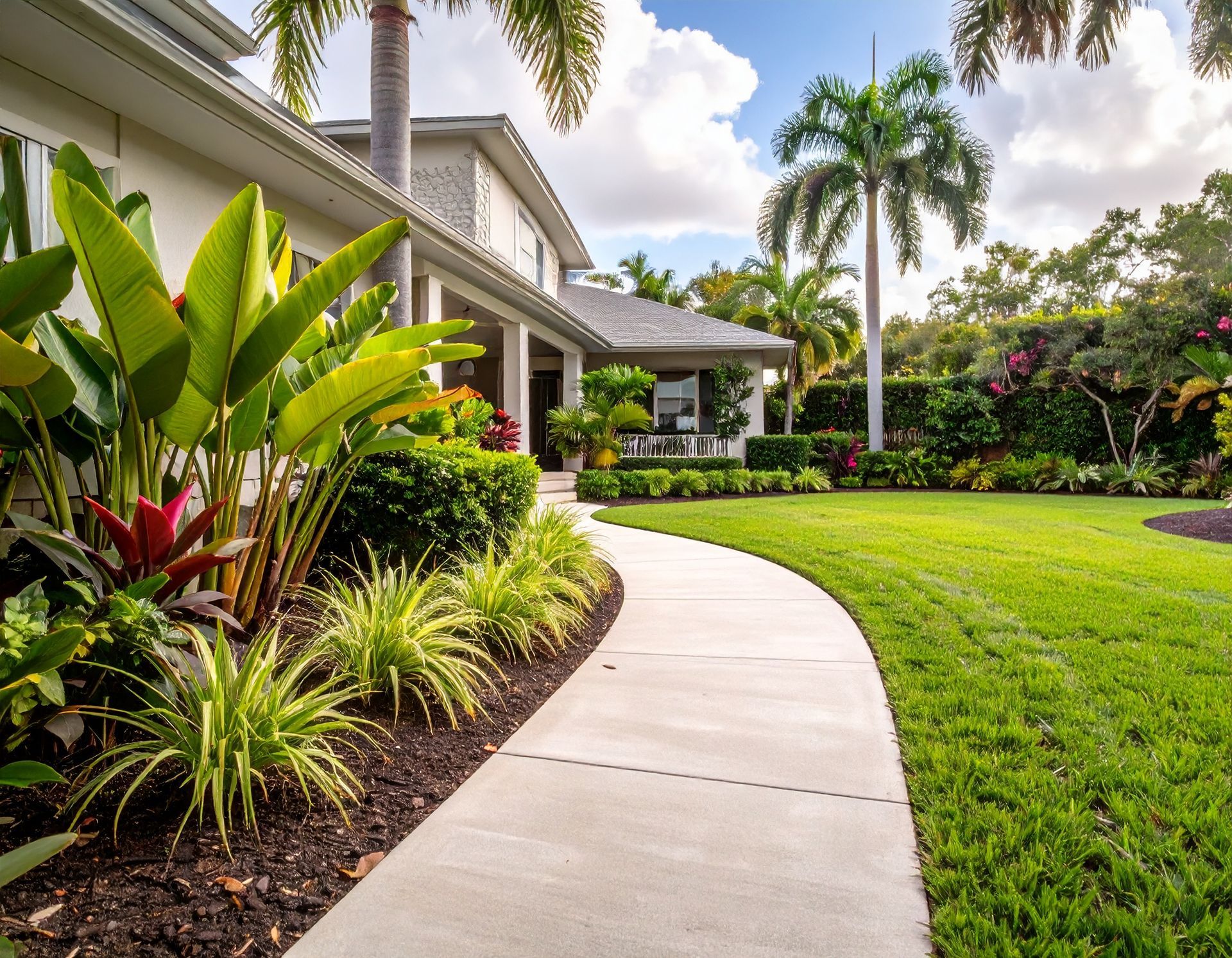 Curved concrete sidewalk leading to a front entry with tropical landscaping in Lake Panasoffkee.