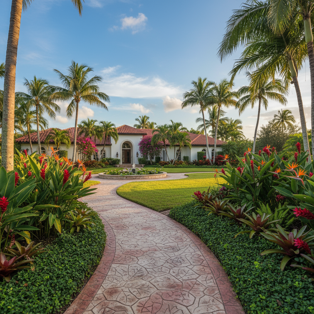 Colored, stamped concrete walkway leading to a Mediterranean-style home in Ridge Manor.
