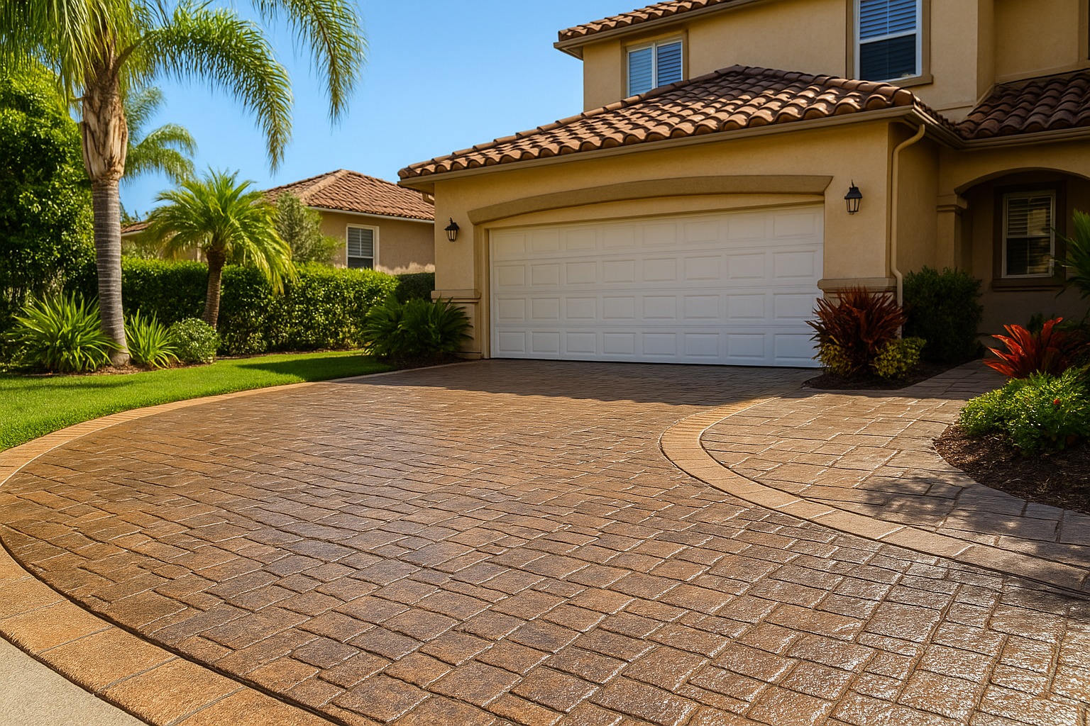 Stamped concrete driveway with decorative texture in front of a Florida home with palm trees in Inverness.