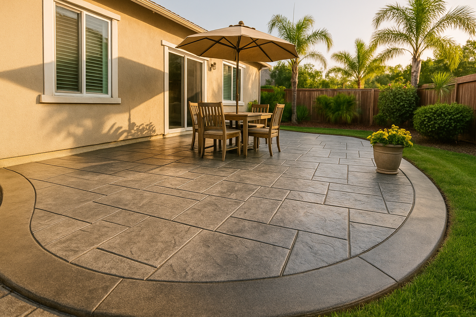 Stamped slate-pattern patio with rounded border in a tropical Inverness backyard.