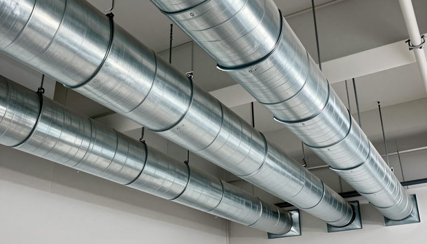 Silver ventilation ducts running along a white industrial ceiling
