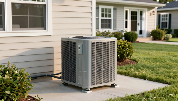 Outdoor air conditioning unit beside a beige house with white trim and a green lawn