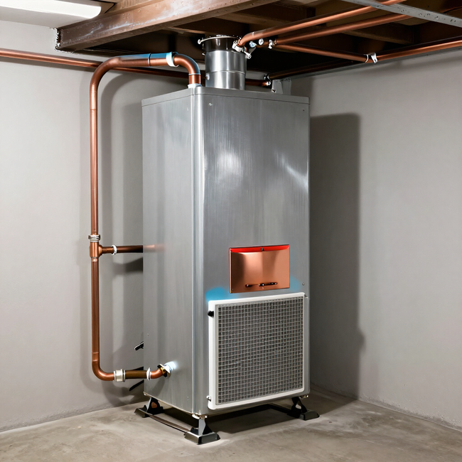 Indoor HVAC unit with copper pipes and a metal vent box in a basement corner