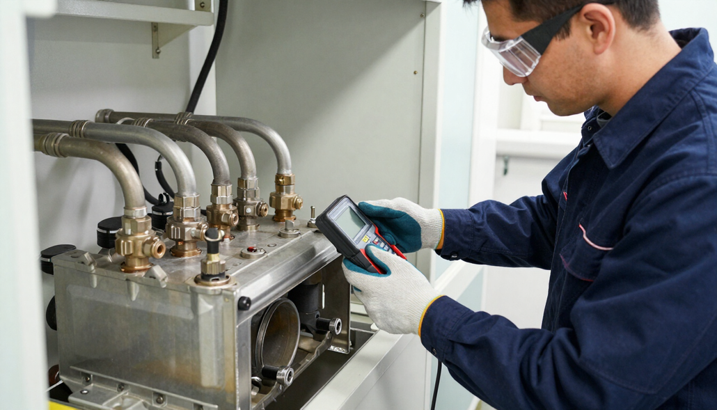 Technician in safety glasses inspecting laboratory equipment with hoses and metal fittings