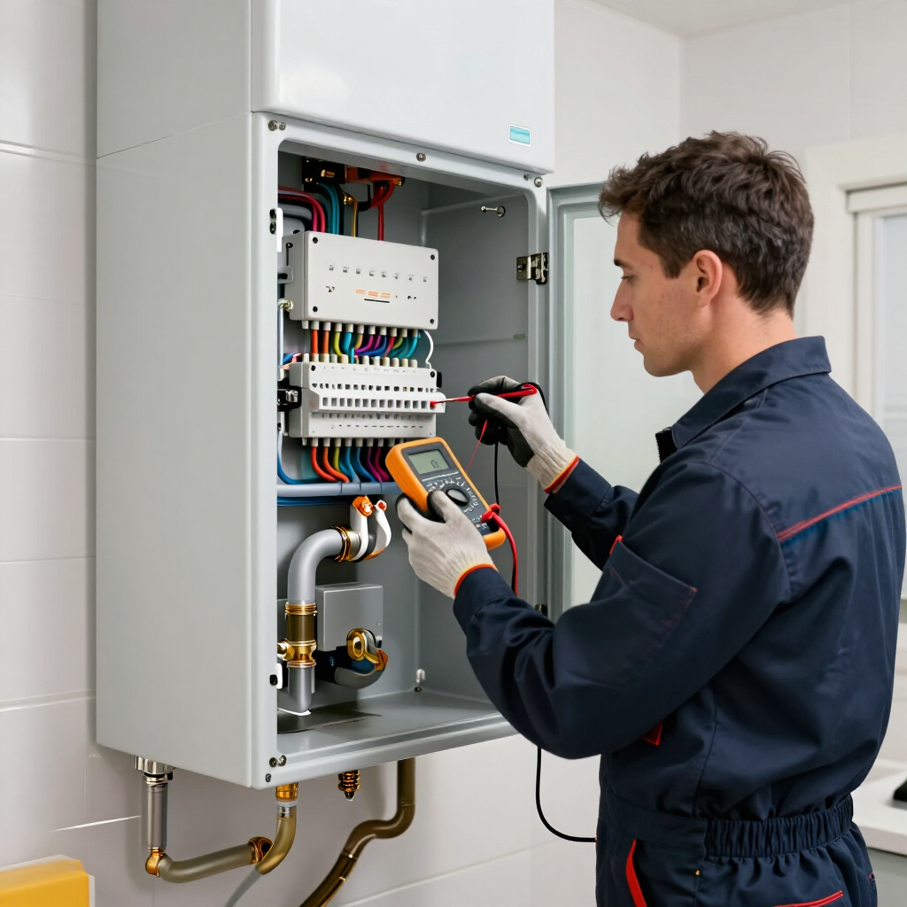 Technician inspecting an open wall-mounted boiler control panel with tools in a utility room