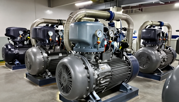 Rows of industrial engines and motors on display in a warehouse showroom.
