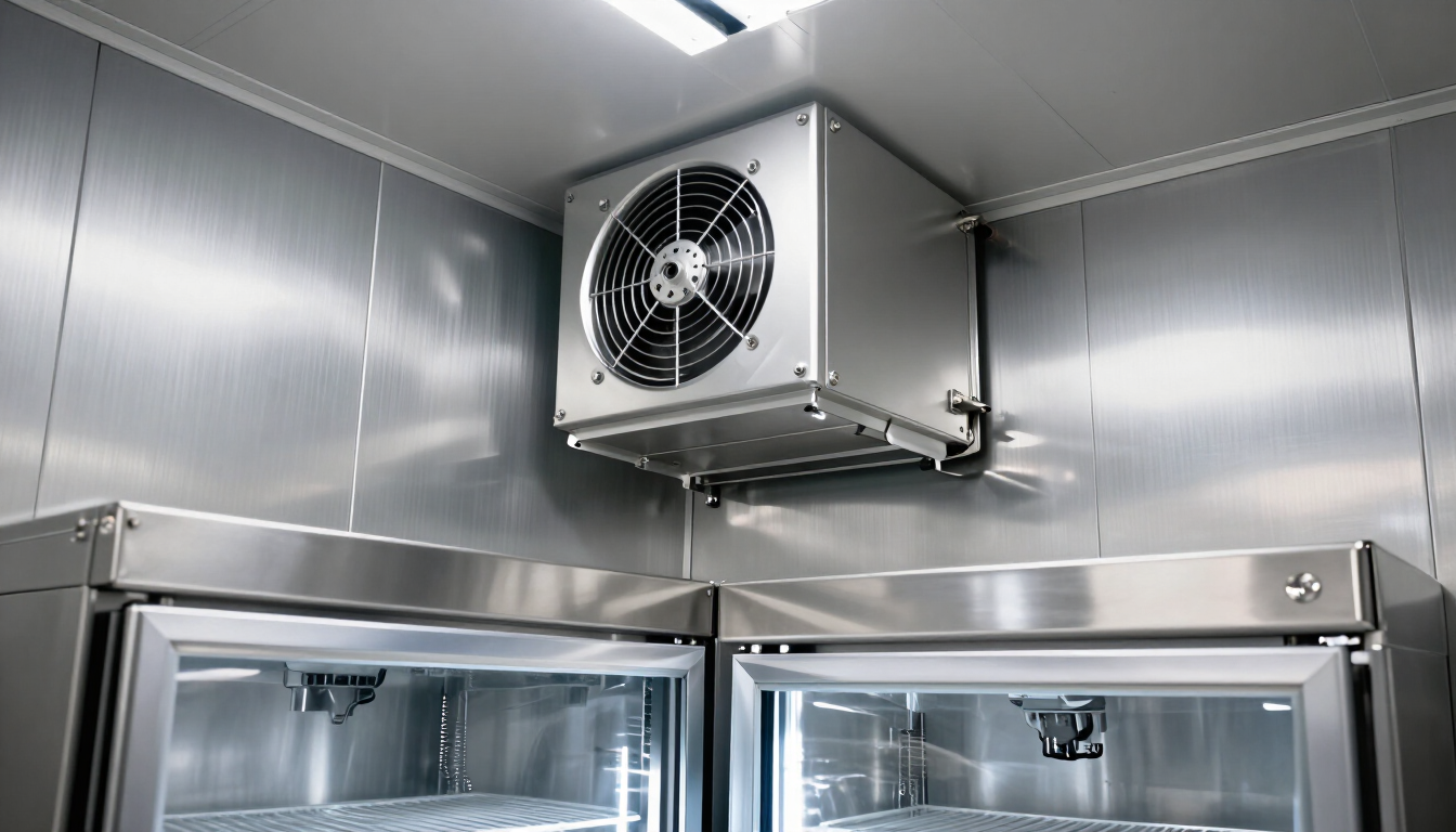 Stainless steel industrial freezer interior with overhead cooling fan unit