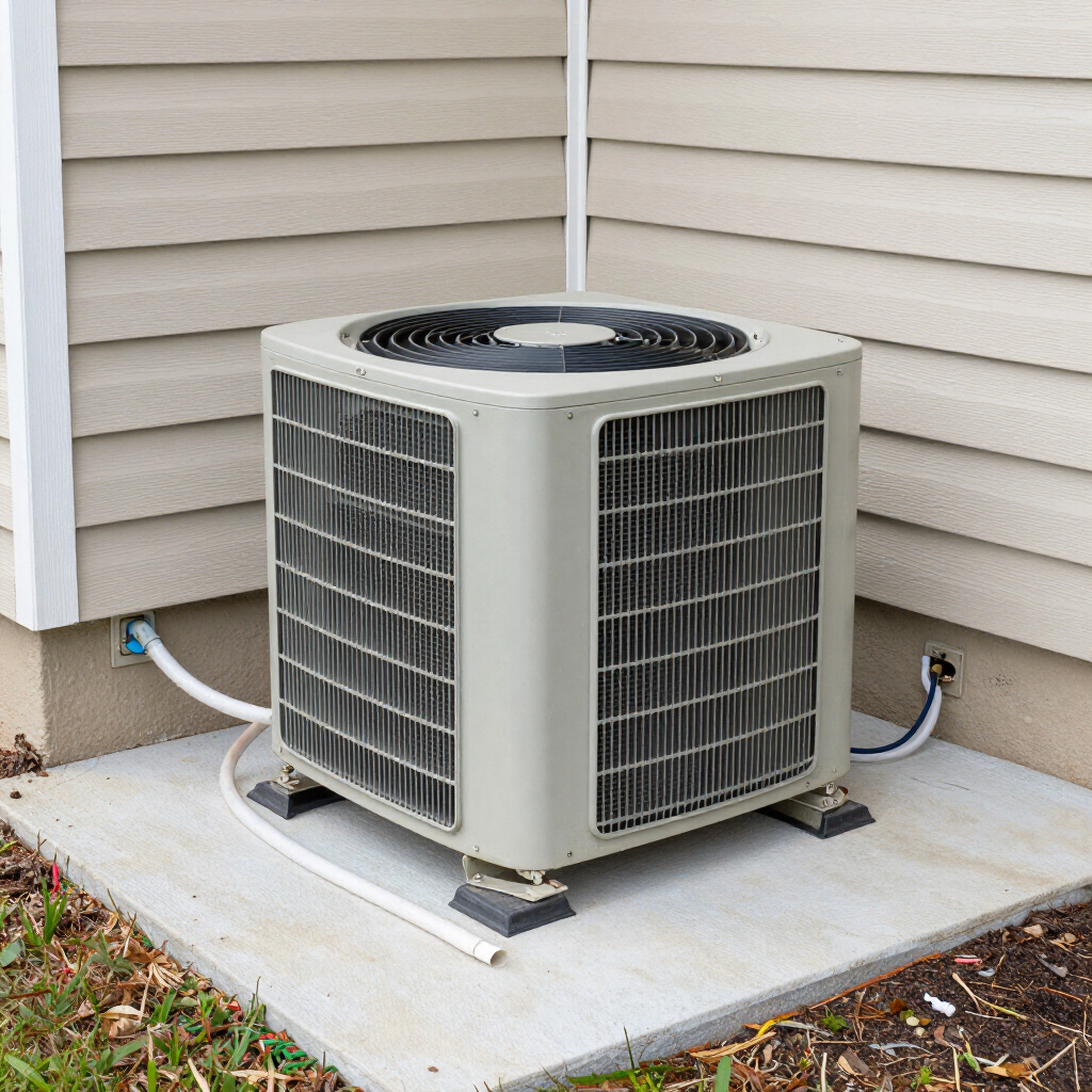 Outdoor air conditioner unit on a concrete pad beside beige house siding