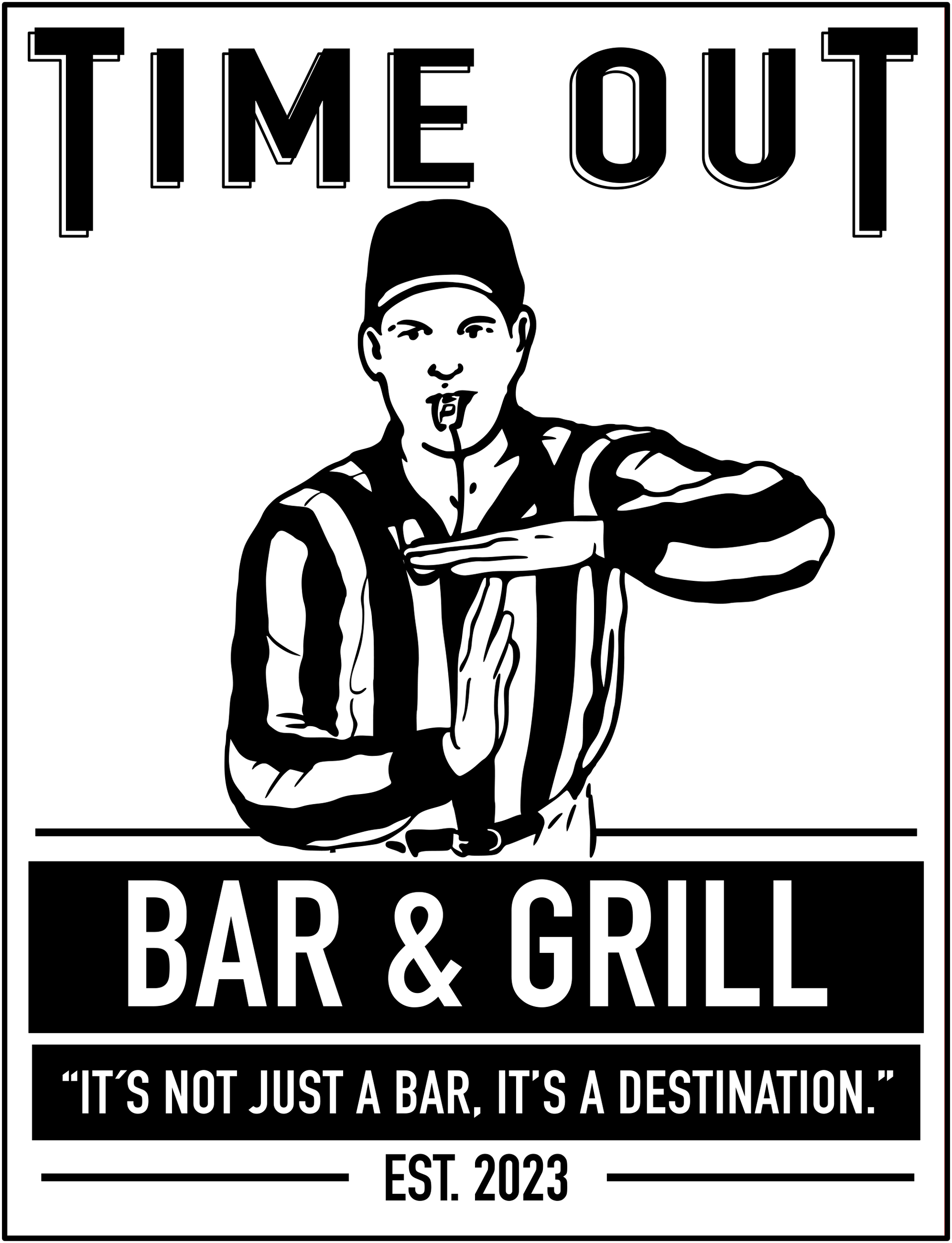 Sign for "Time Out Bar & Grill", featuring a referee signaling a timeout.