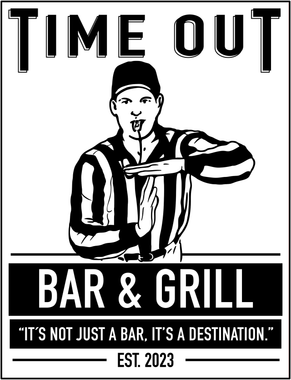 Sign for "Time Out Bar & Grill", featuring a referee signaling a timeout.