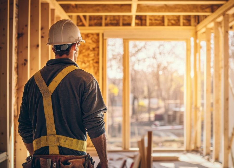 A construction worker is standing in a room under construction.