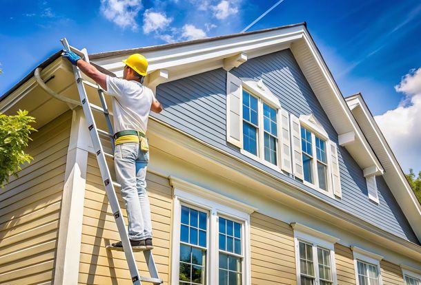 A man is standing on a ladder painting the side of a house.