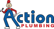 a logo for action plumbing with a cartoon man holding a wrench .