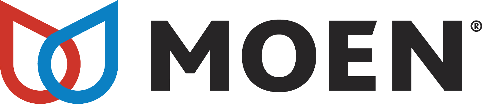 a moen logo with a red and blue emblem on a white background .