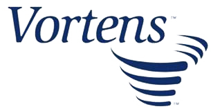 a logo for vortens with a blue swirl on a white background