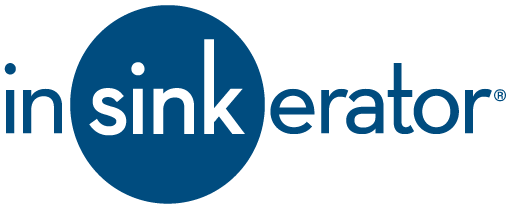the in sinkerator logo is a blue circle with white letters on a white background .