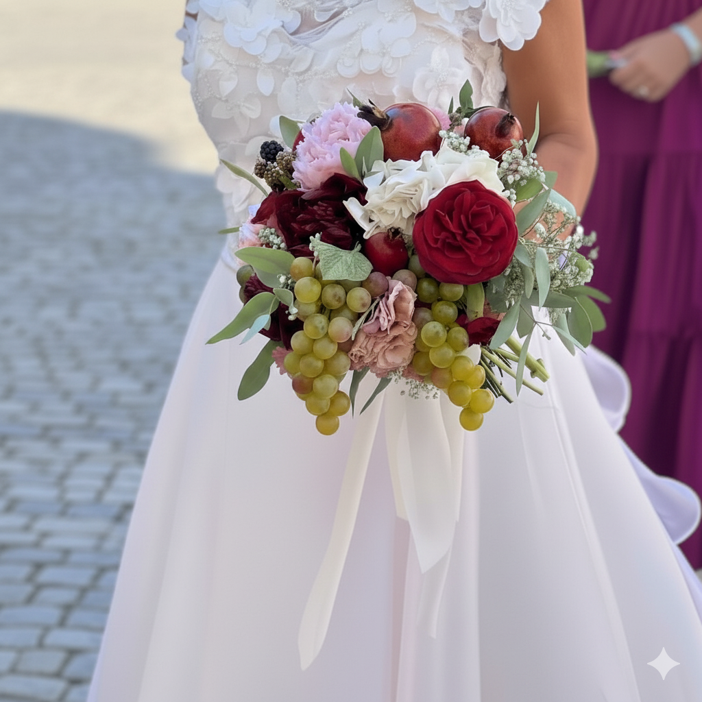 Sposa con in mano un bouquet di fiori e uva, indossa un abito bianco e sullo sfondo una damigella d'onore.