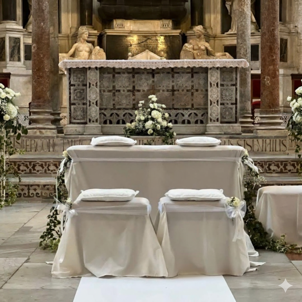 Altare con tovaglia bianca, composizioni floreali e cuscini; allestimento per una cerimonia nuziale.