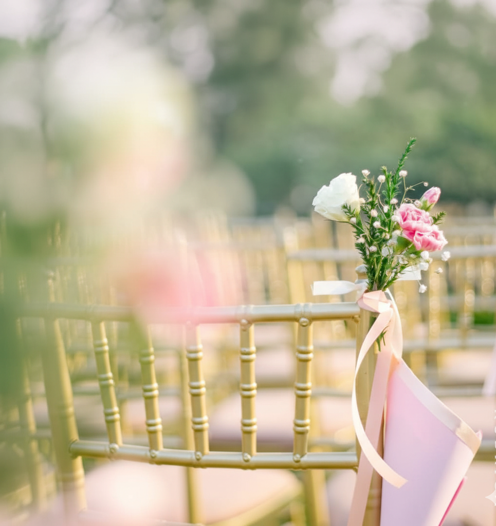 Sedia da matrimonio con fiori legati, nastri, ambientazione esterna.
