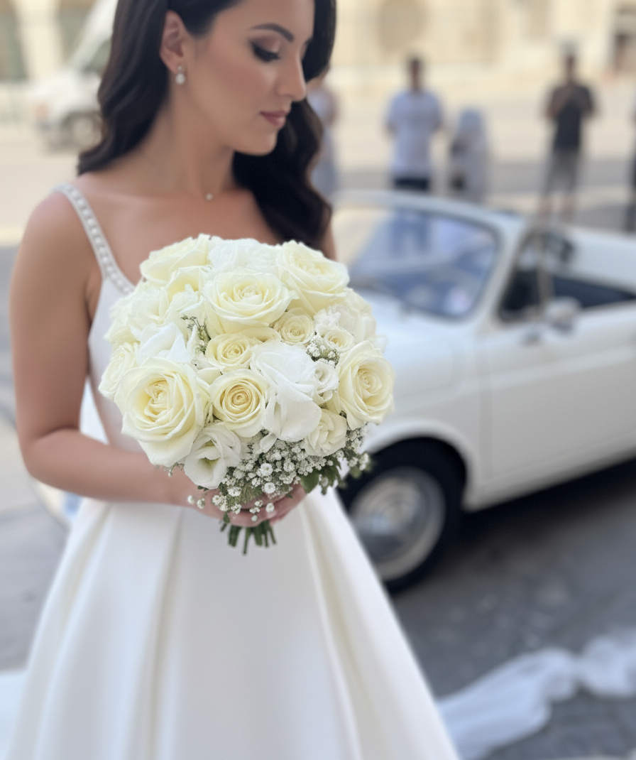 Sposa in abito bianco, con bouquet in mano, sullo sfondo una porta marrone.