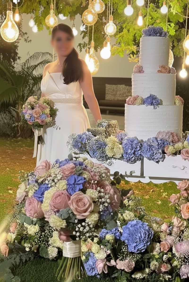 Sposa in abito bianco che tiene in mano un bouquet di rose color crema e verde.