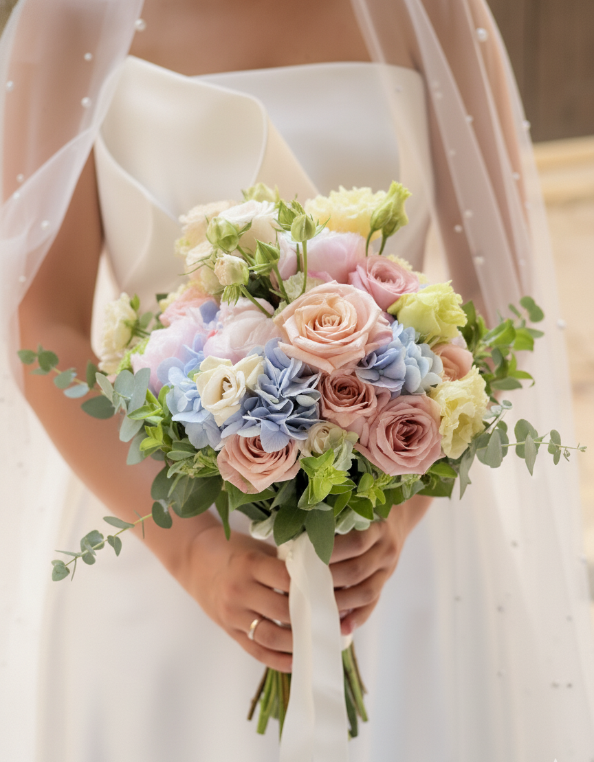 Sposa in abito bianco con in mano un bouquet di fiori color pastello e un velo decorato con perle.