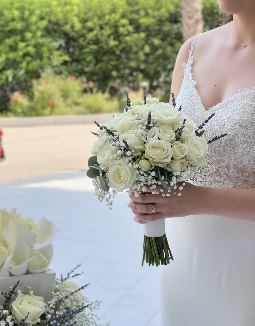 Sposa in abito bianco che tiene in mano un bouquet di rose bianche e lavanda, in piedi all'aperto.