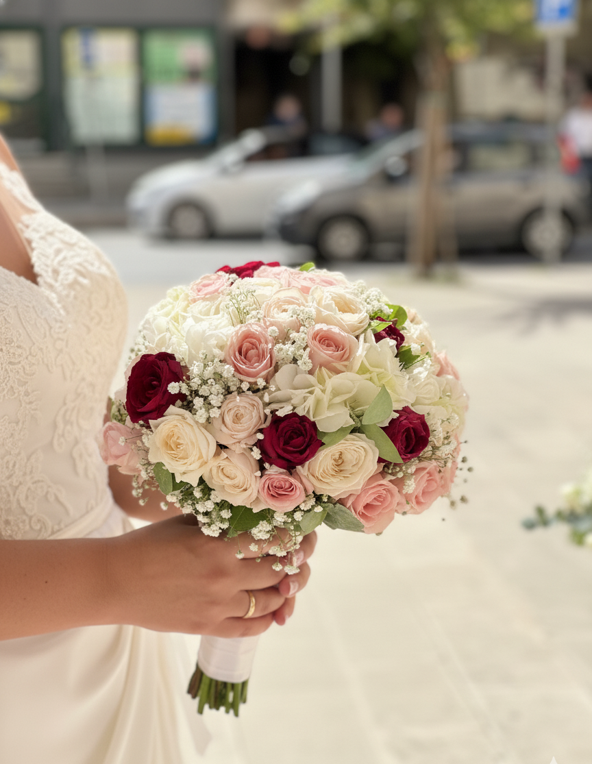 Sposa in abito senza spalline con velo floreale che tiene in mano un bouquet, davanti a composizioni floreali e a un lago con montagne.