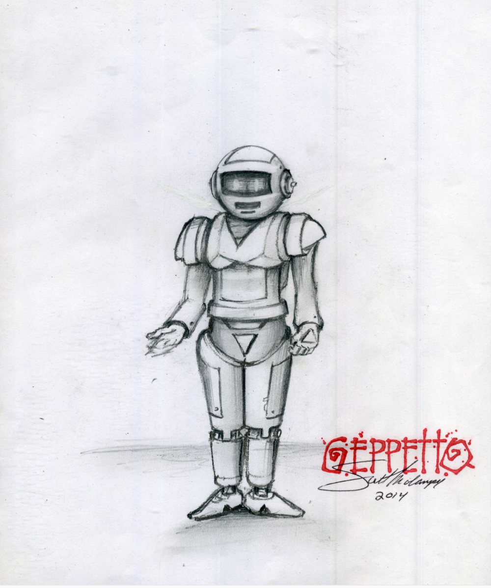 A drawing of a robot with the word geppetto on the bottom