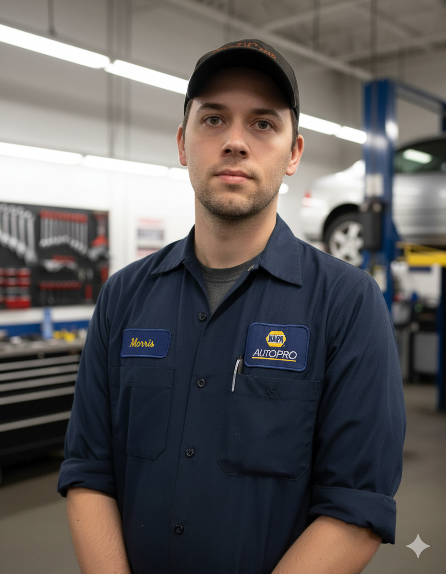 Mechanic in blue uniform at a NAPA auto shop, looking at the camera.