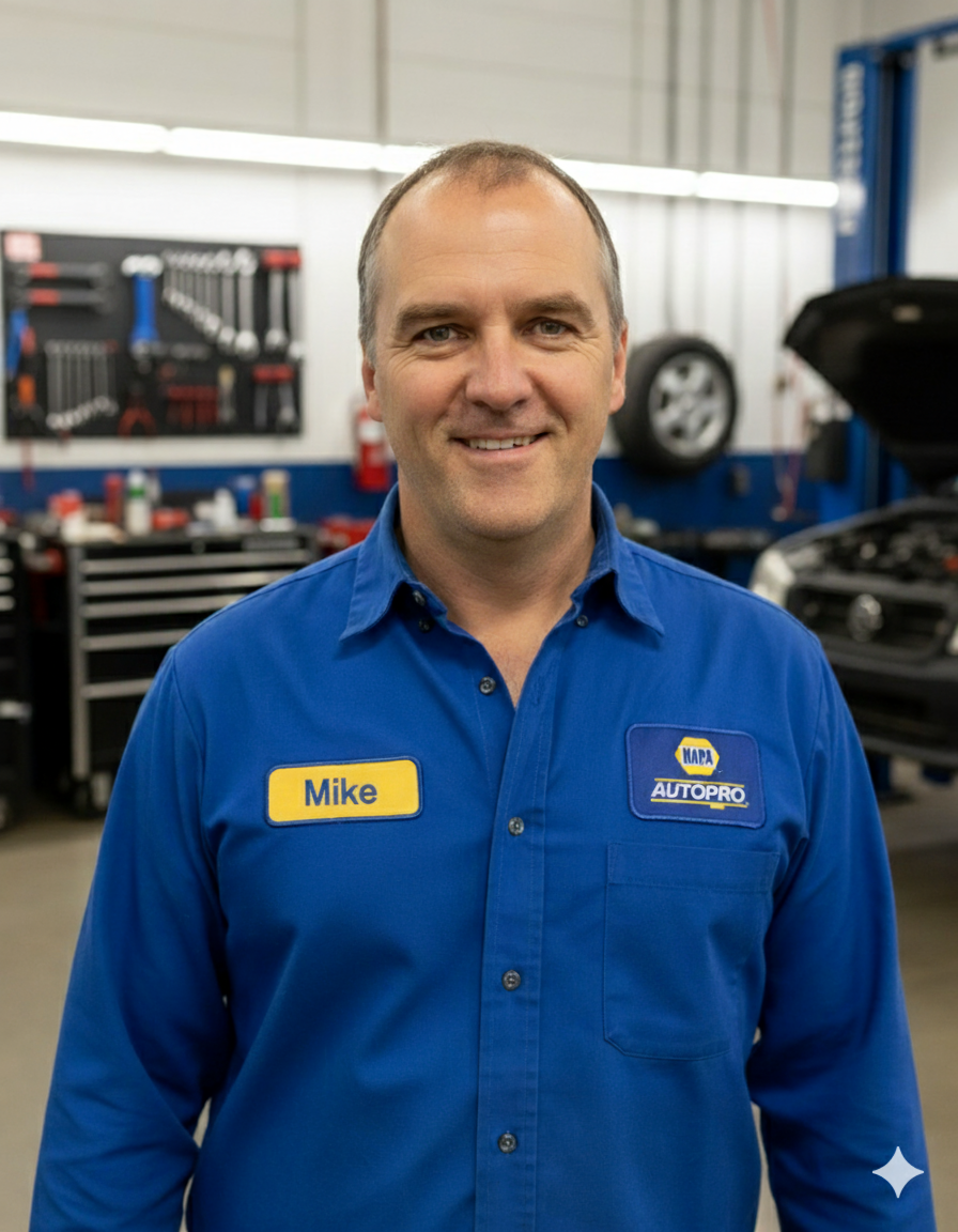 Mike, wearing a blue NAPA uniform, smiles in an auto repair shop.