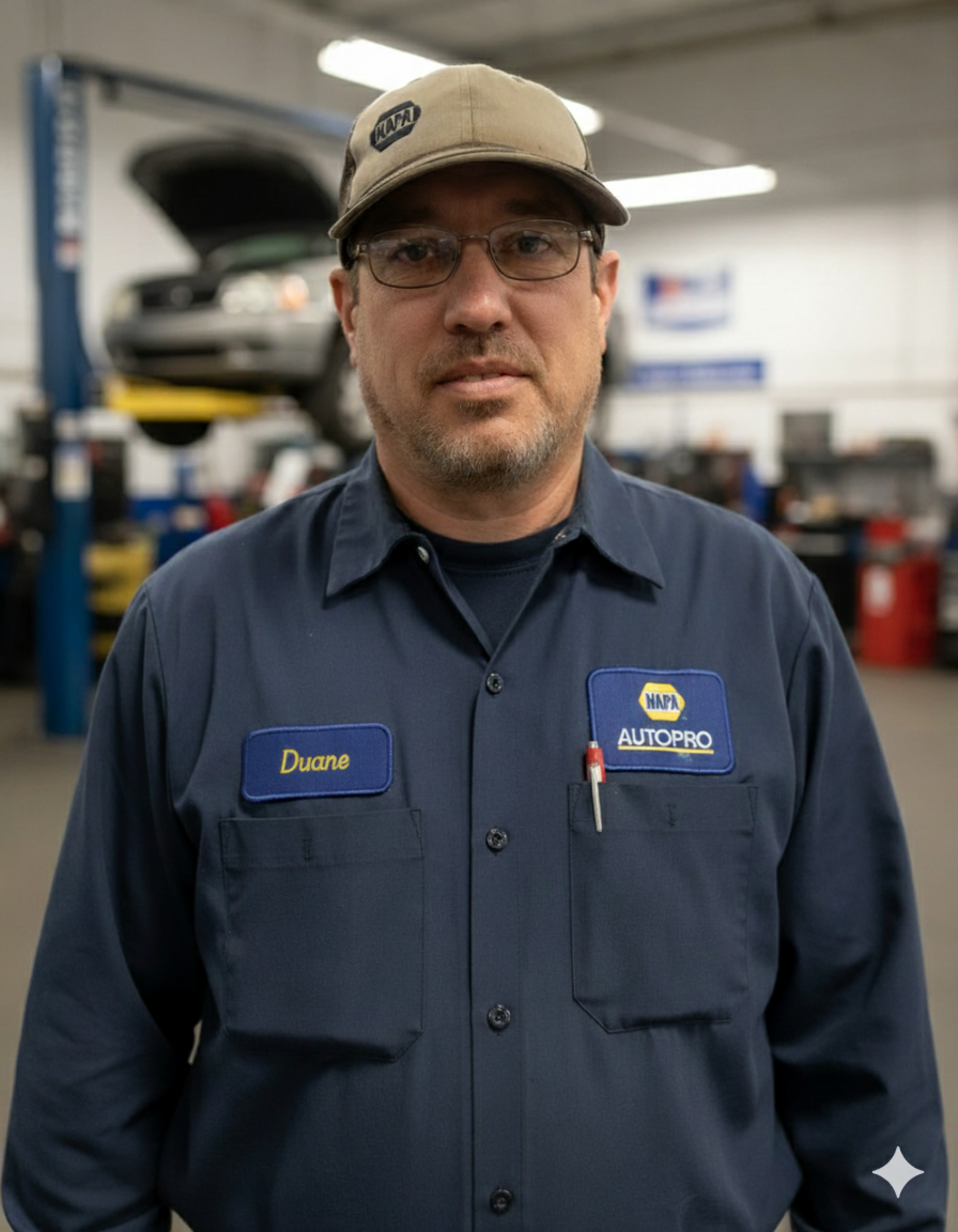 Mechanic Duane in a blue uniform at NAPA Auto Parts, wearing a cap and glasses in a garage setting.