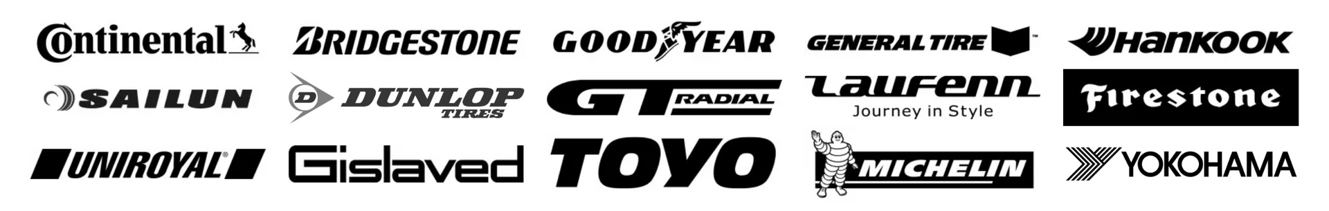 Logos of various tire brands, including Continental, Bridgestone, Goodyear, Hankook, and others.