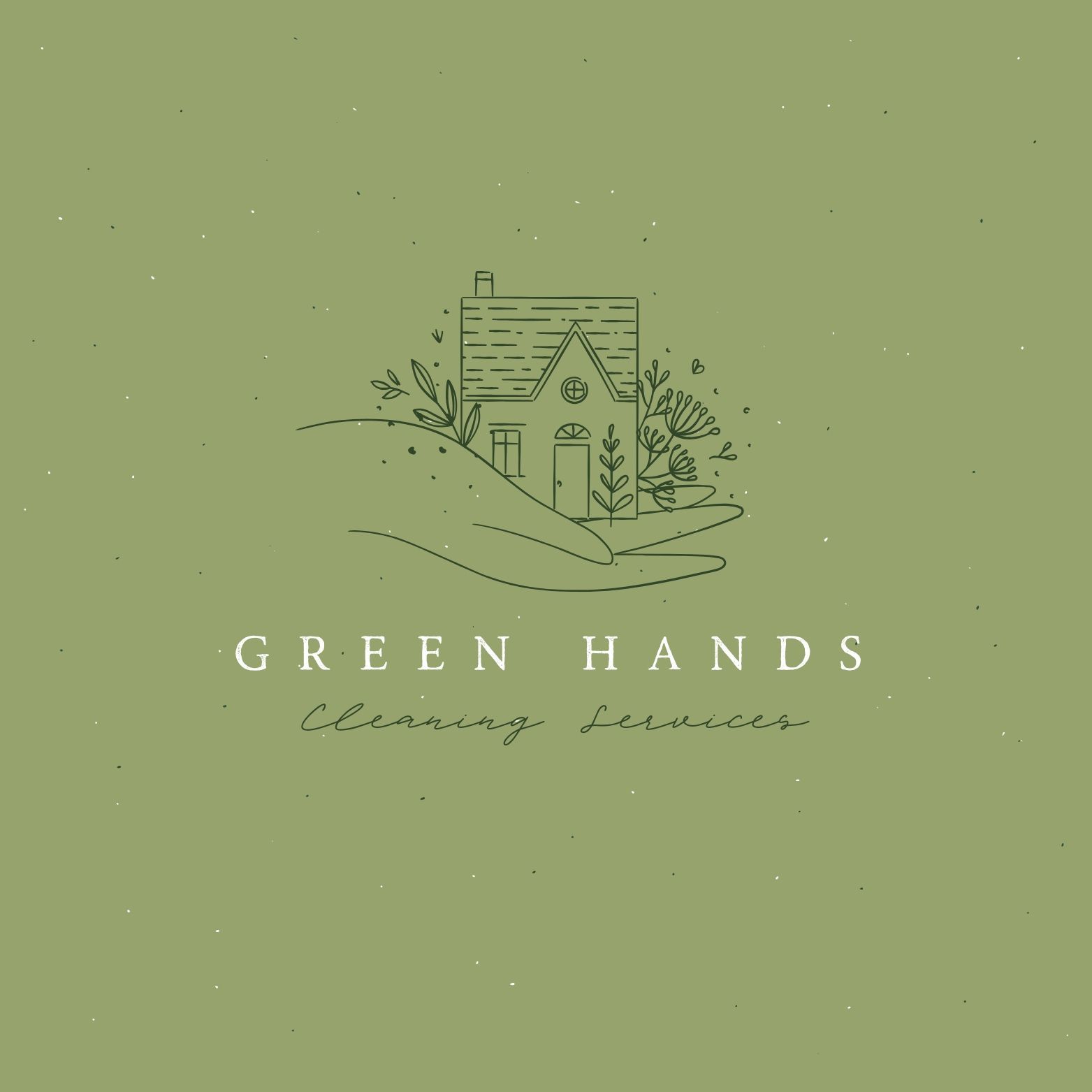Logo: A house in open hands, surrounded by plants, olive green background, 