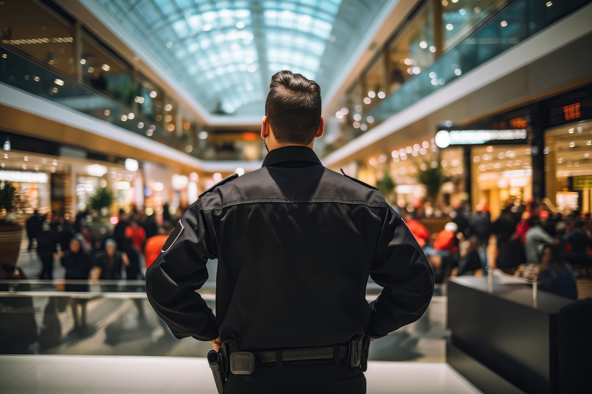 Un agent de sécurité surveille un centre commercial intérieur bondé sous un plafond de verre lumineux.