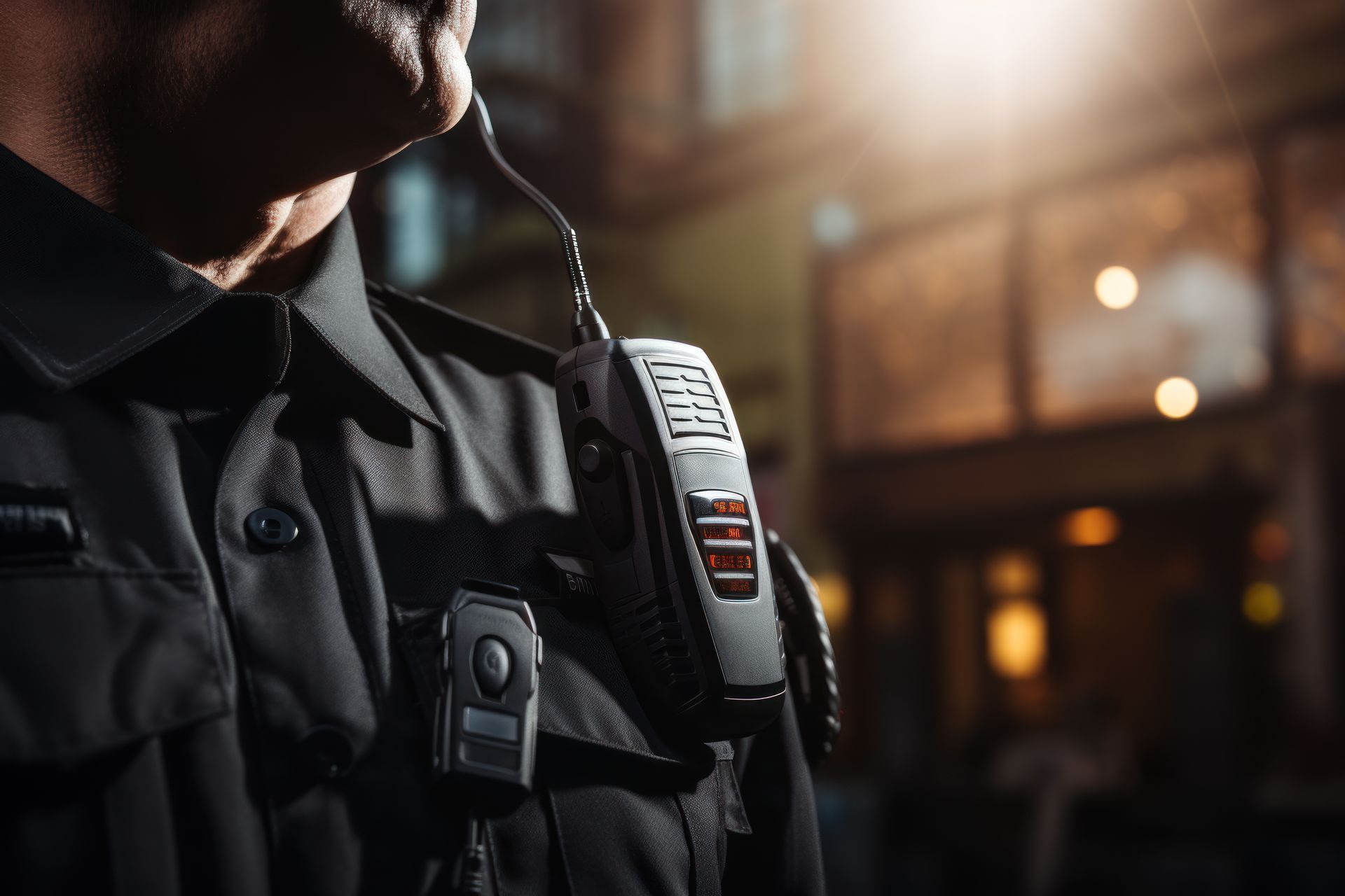 Un policier en gilet tactique noir avec radio, debout à l'extérieur la nuit, les lumières de la ville en arrière-plan.