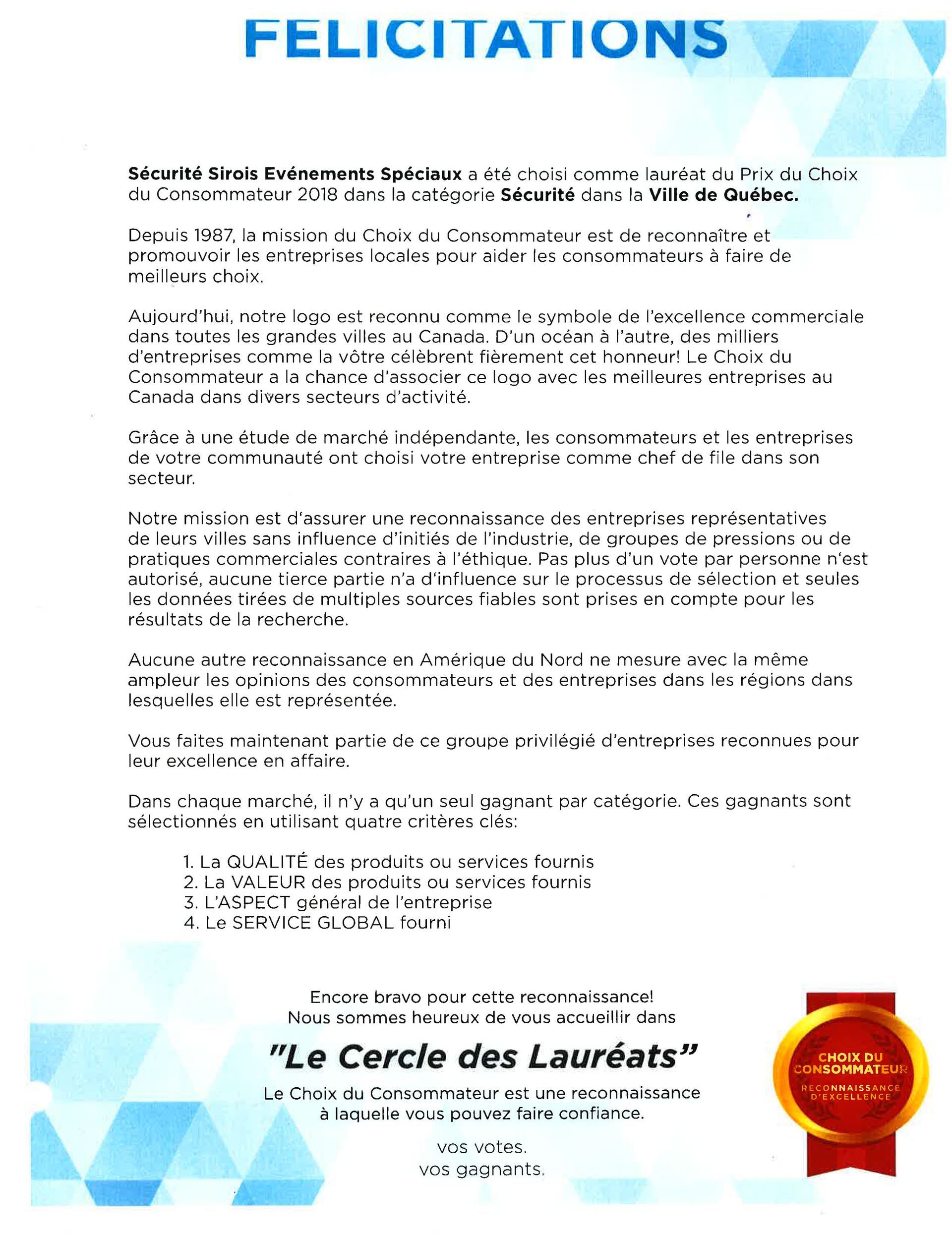 Document félicitant les lauréats. Contient du texte, un logo et un fond bleu et blanc.