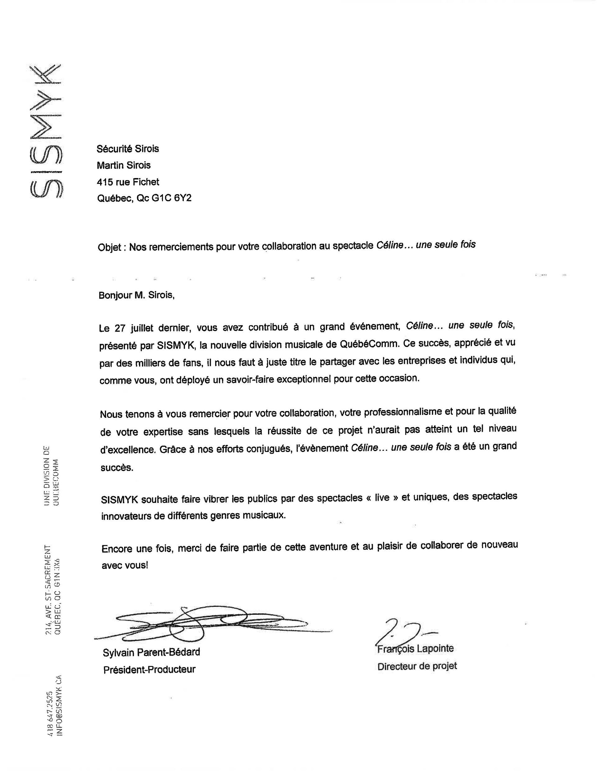 Papier à en-tête avec logo SISMARK, correspondance officielle avec texte et signatures.